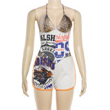 Letter Print Halterneck Tie Up Two Piece Shorts Set GZJQ-K6S02568A