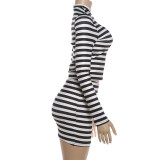 Stripe Print Long Sleeve Top Two Piece Skirts Set GZJQ-K6S05856A