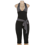 V Neck Patchwork Halterneck Tie Up Seventh Jumpsuit GZJQ-K6Q05199A