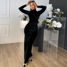 Velour Ruched Long Sleeve Maxi Dress GYEF-GA143-001