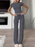 Solid Color Short Sleeve Sports Two Piece Pants Set GYWO-55007
