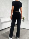 Solid Color Short Sleeve Sports Two Piece Pants Set GYWO-55007