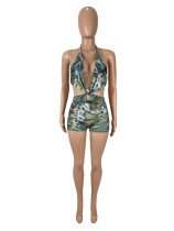 Contrast Color Print Hollow Out Tie Up Romper SHD-9527