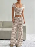 Stripe Square Neck Tops Wide Leg Pants 2 Piece Set GYWO-55053