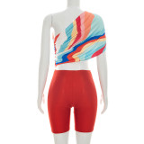 Single Shoulder Colorful Print Two Piece Shorts Set MXBF-J26ST125