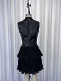 Sleeveless PU Leather Patchwork Ruffles Mini Dress GWDS-260143