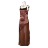 Sexy Backless Satin Patchwork Chiffon Maxi Dress ZSD-0778