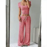 Stripe Square Neck Tops Wide Leg Pants 2 Piece Set GYWO-55053