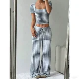 Stripe Square Neck Tops Wide Leg Pants 2 Piece Set GYWO-55053