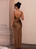 Sexy Backless Satin Patchwork Chiffon Maxi Dress ZSD-0778