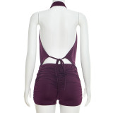 Solid Color Backless Halterneck Two Piece Short Set MXBF-J26ST022