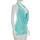 Solid Color Backless Halterneck Two Piece Short Set MXBF-J26ST022