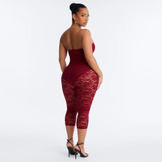 Zipper See Through Lace Patchwork Seventh Jumpsuit MXBF-J26JP126
