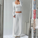 Stripe Square Neck Tops Wide Leg Pants 2 Piece Set GYWO-55053