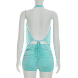 Solid Color Backless Halterneck Two Piece Short Set MXBF-J26ST022