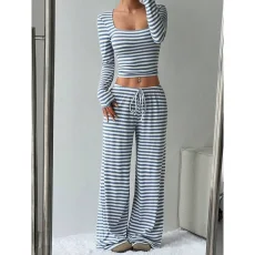 Stripe Square Neck Tops Wide Leg Pants 2 Piece Set GYWO-55053