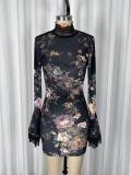 Print Lace Patchwork Flare Sleeve MIni Dress GWDS-260116