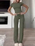 Solid Color Short Sleeve Sports Two Piece Pants Set GYWO-55007