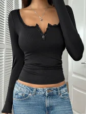 V Neck Solid Color Tops GYWO-55040