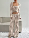Stripe Square Neck Tops Wide Leg Pants 2 Piece Set GYWO-55053