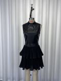 Sleeveless PU Leather Patchwork Ruffles Mini Dress GWDS-260143