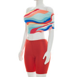 Single Shoulder Colorful Print Two Piece Shorts Set MXBF-J26ST125