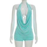 Solid Color Backless Halterneck Two Piece Short Set MXBF-J26ST022