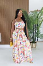 Sexy Print Sling Vest Big Swing Long Skirt 2 Piece Set TE-4752