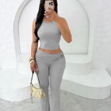 Sleeveless Solid Top Tight Two Piece Pants Set GYWO-55201