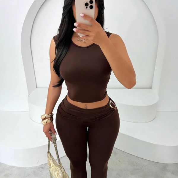 Sleeveless Solid Top Tight Two Piece Pants Set GYWO-55201