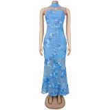 Sexy Ribbon Print Backless Tube Top Maxi Dress BY-7671