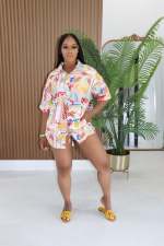 Print Short Sleeve Shirt Shorts 2 Piece Set TE-4751