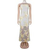 Sexy Ribbon Print Backless Tube Top Maxi Dress BY-7671