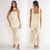 Sexy Ribbon Print Backless Tube Top Maxi Dress BY-7671