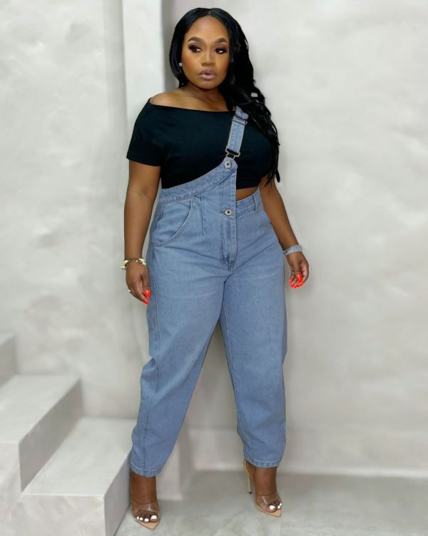 Plus Size Irregular Single Shoulder Denim Jumpsuit GYLN-8368