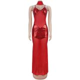 Sexy Ribbon Sequin V Neck Mesh Sling Maxi Dress BY-7647