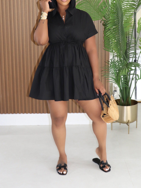 Short Sleeve Loose Solid Color Shirt Dress AIL-346