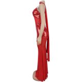 Sexy Ribbon Sequin V Neck Mesh Sling Maxi Dress BY-7647