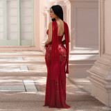 Sexy Ribbon Sequin V Neck Mesh Sling Maxi Dress BY-7647