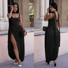 Solid Color Ribbon Sleeveless Split Maxi Dress BY-7659