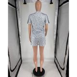 Short Sleeve Print Top Sport Two Piece Shorts Set FOSF-8826