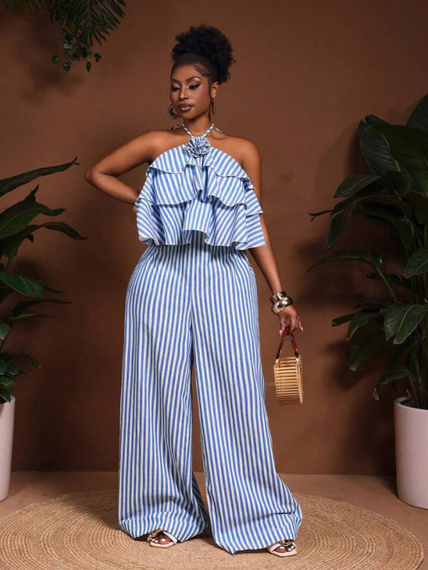 Halterneck Stripe Print Backless Jumpsuit NY-11282