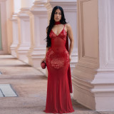 Sexy Ribbon Sequin V Neck Mesh Sling Maxi Dress BY-7647