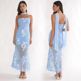 Sexy Ribbon Print Backless Tube Top Maxi Dress BY-7671