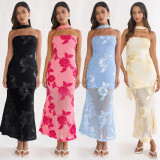 Sexy Ribbon Print Backless Tube Top Maxi Dress BY-7671