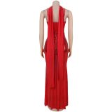 Sexy Ribbon Sequin V Neck Mesh Sling Maxi Dress BY-7647