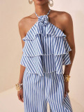 Halterneck Stripe Print Backless Jumpsuit NY-11282