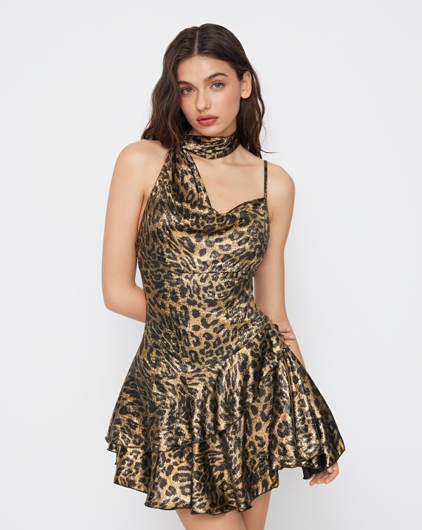 Leopard Print Irregular Sling Mini Dress GFMA-TE25185A