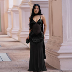 Sexy Ribbon Sequin V Neck Mesh Sling Maxi Dress BY-7647