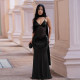 Sexy Ribbon Sequin V Neck Mesh Sling Maxi Dress BY-7647